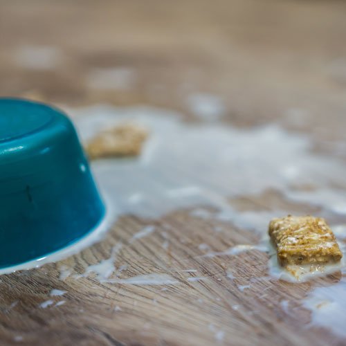 Durable floors with spilled cereal and milk